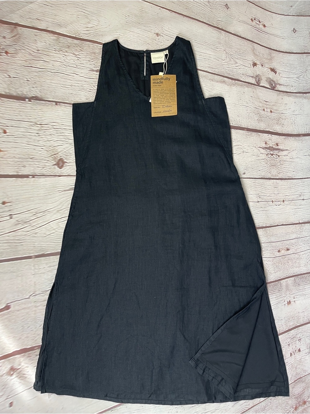 REISTOR The Hemp Noir v-neck midi slit black sleeveless lined dress NEW, size S - Picture 5 of 12